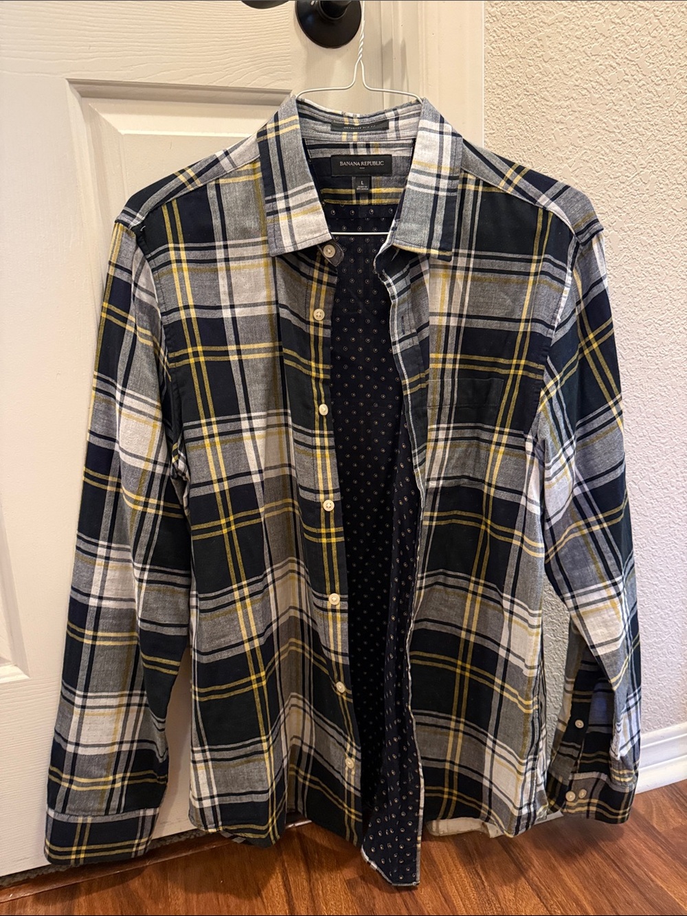 Banana Republic Navy, White & Yellow Plaid Button-Down Shirt